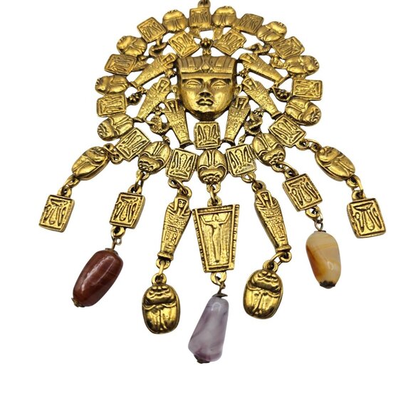 Goldette 1970s Egyptian Revival Gold Tone Necklace Cartouche & Scarab Motifs - Picture 9 of 16